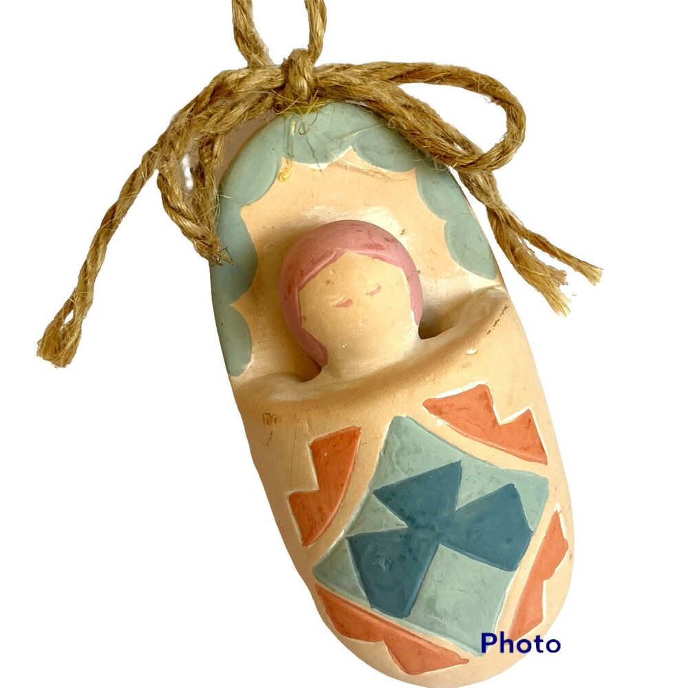 Vintage Southwestern Baby Indian Papoose Christmas Ornament Clay Hand Painted